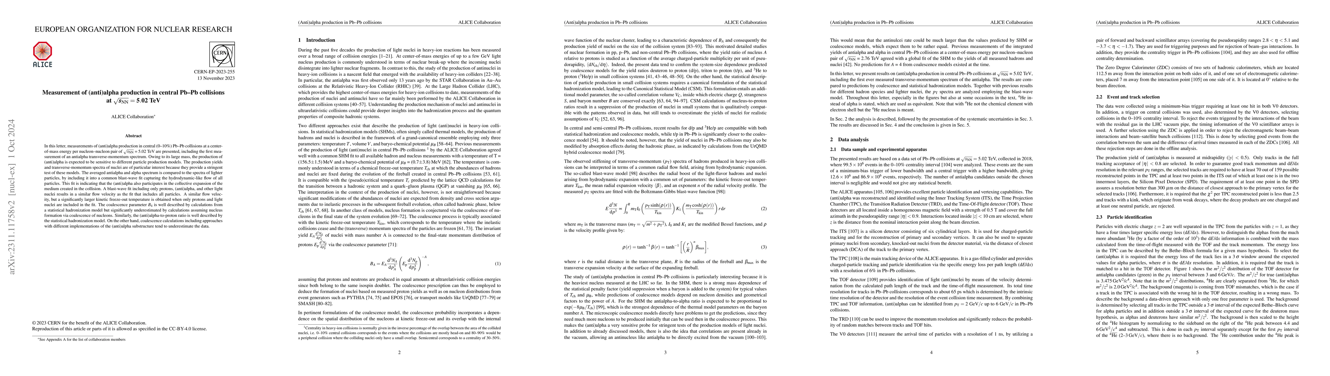 Thumbnail for Measurement of (anti)alpha production in central Pb-Pb collisions at
  $\sqrt{s_{\rm NN}}$ = 5.02 TeV