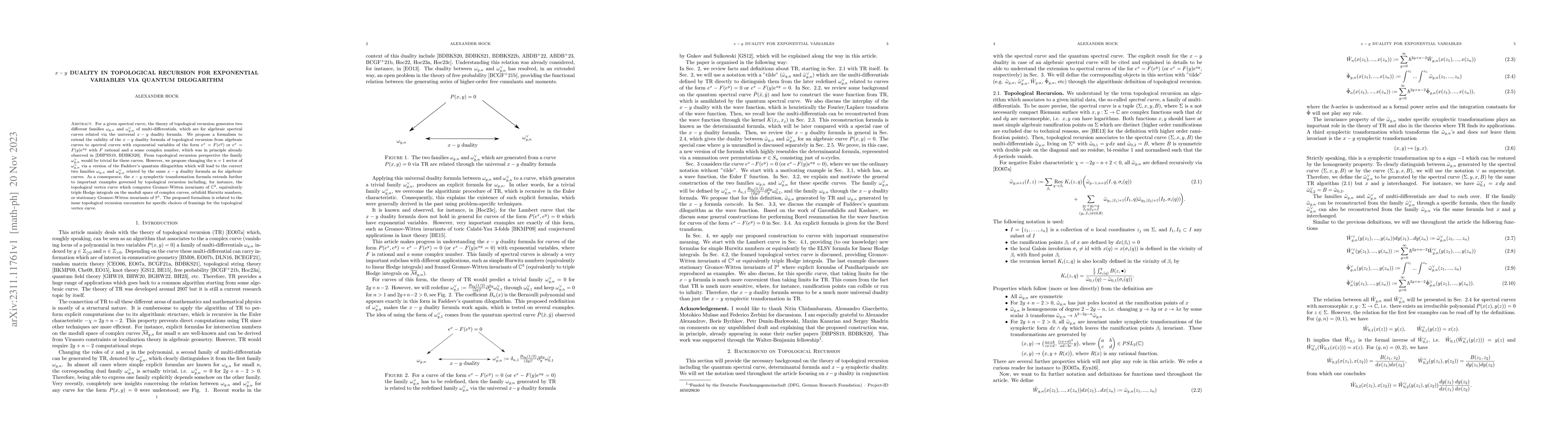 Thumbnail for $x-y$ duality in Topological Recursion for exponential variables via
  Quantum Dilogarithm