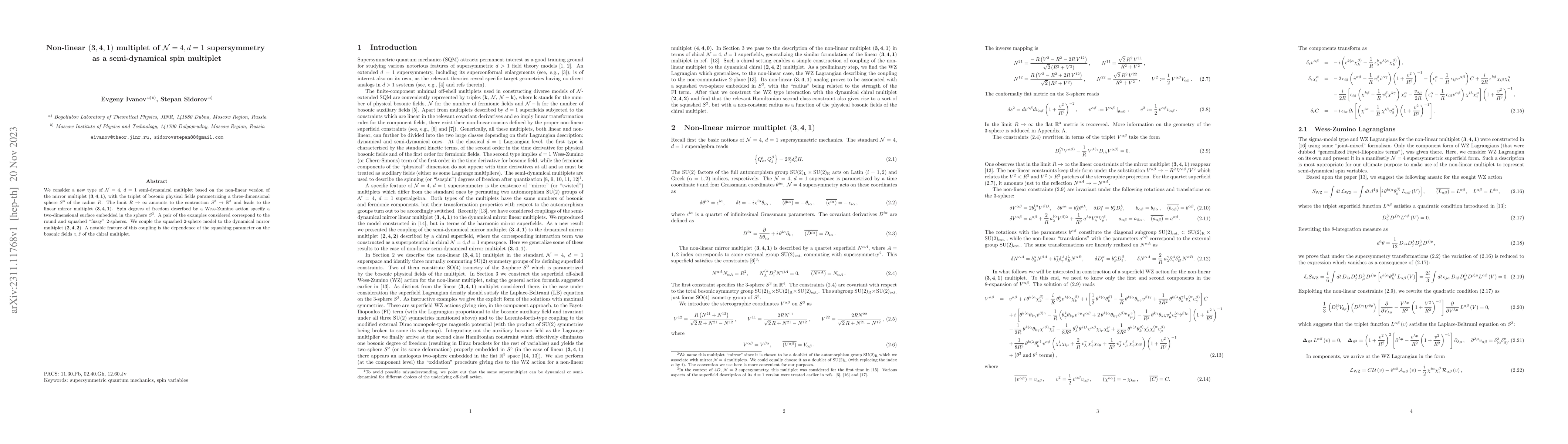 Thumbnail for Non-linear (3, 4, 1) multiplet of ${\cal N} = 4$, $d = 1$ supersymmetry
  as a semi-dynamical spin multiplet