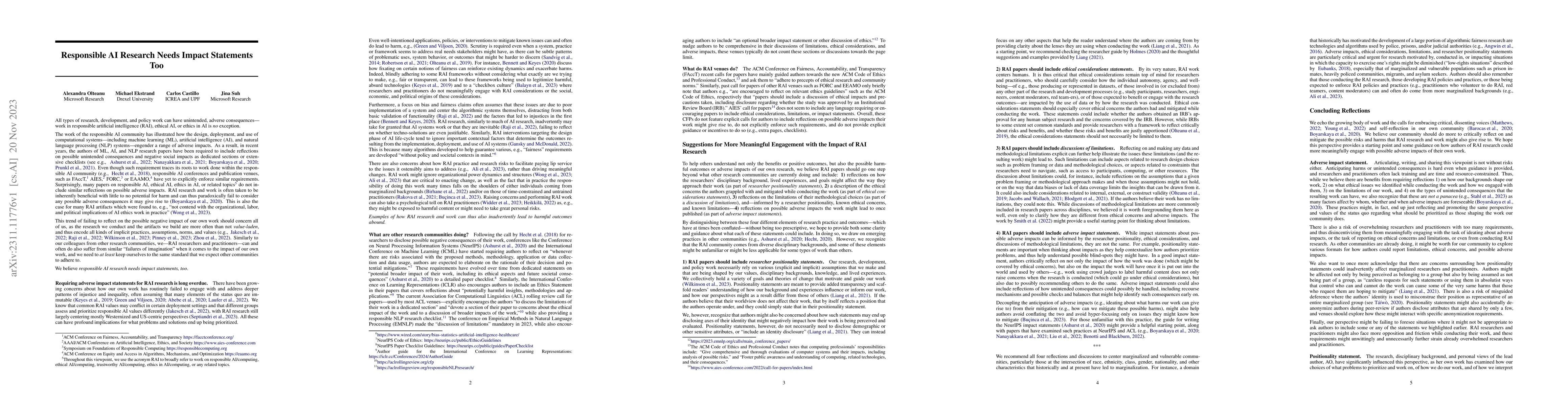 Thumbnail for Responsible AI Research Needs Impact Statements Too