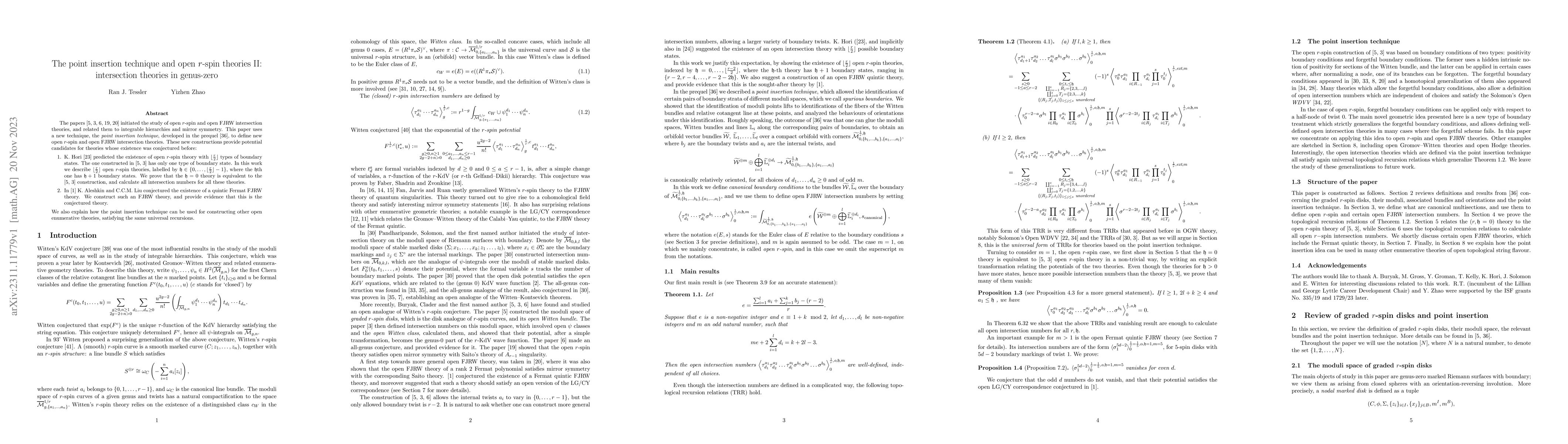 Thumbnail for The point insertion technique and open $r$-spin theories II:
  intersection theories in genus-zero