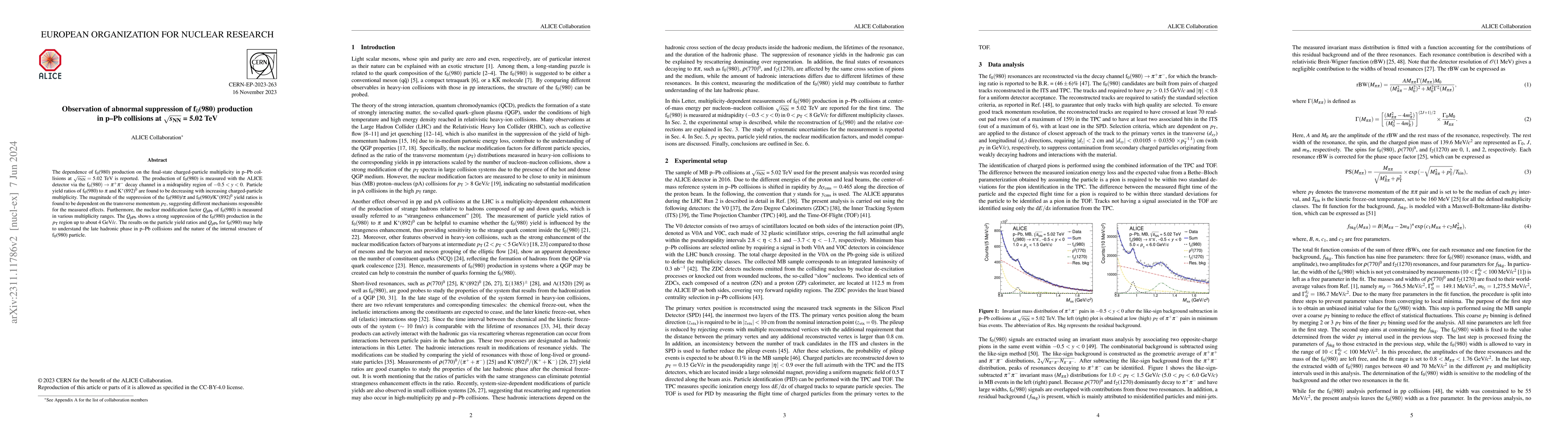 Thumbnail for Observation of abnormal suppression of $\mathrm{f}_{0}$(980) production
  in p$-$Pb collisions at $\sqrt{s_{\rm NN}}$ = 5.02 TeV