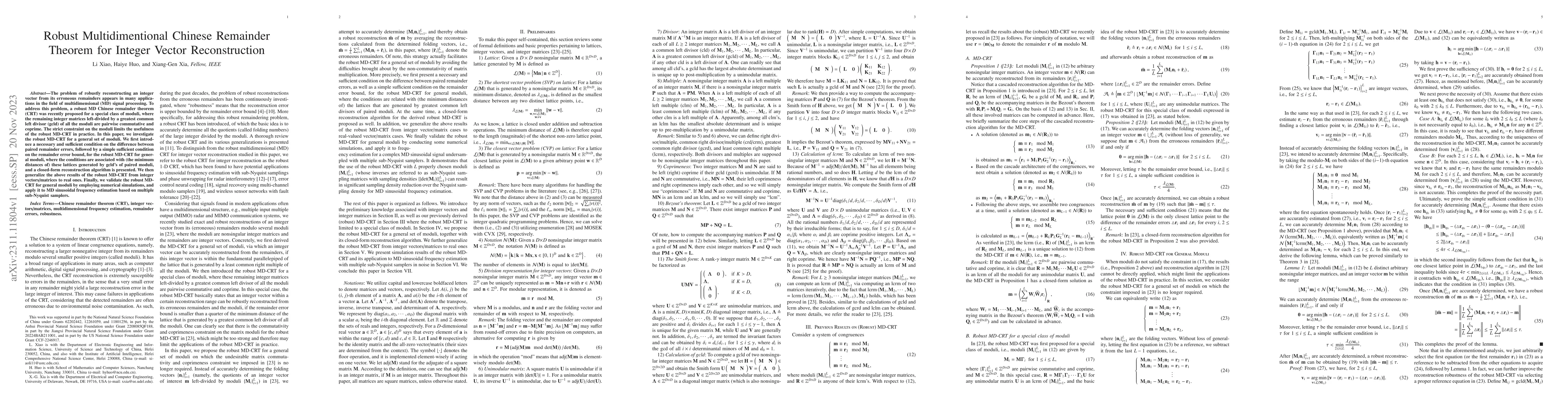 Thumbnail for Robust Multidimentional Chinese Remainder Theorem for Integer Vector
  Reconstruction