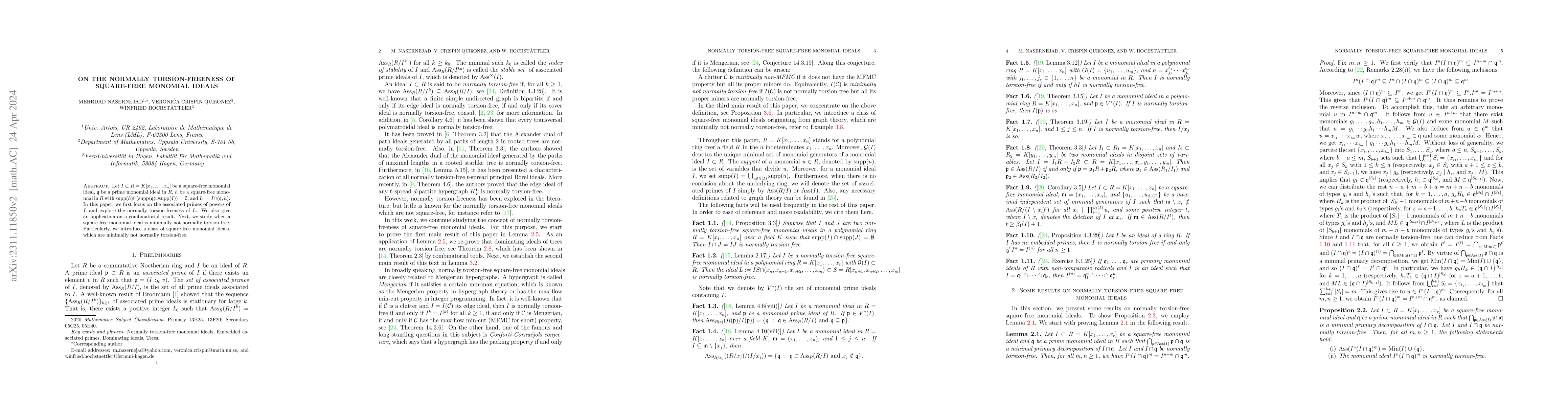 Thumbnail for On the normally torsion-freeness of square-free monomial ideals