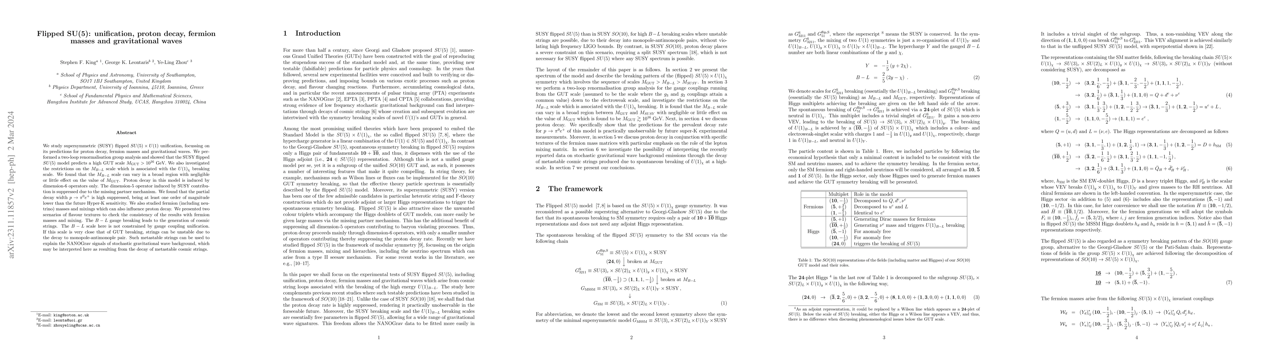 Thumbnail for Flipped SU(5): unification, proton decay, fermion masses and
  gravitational waves