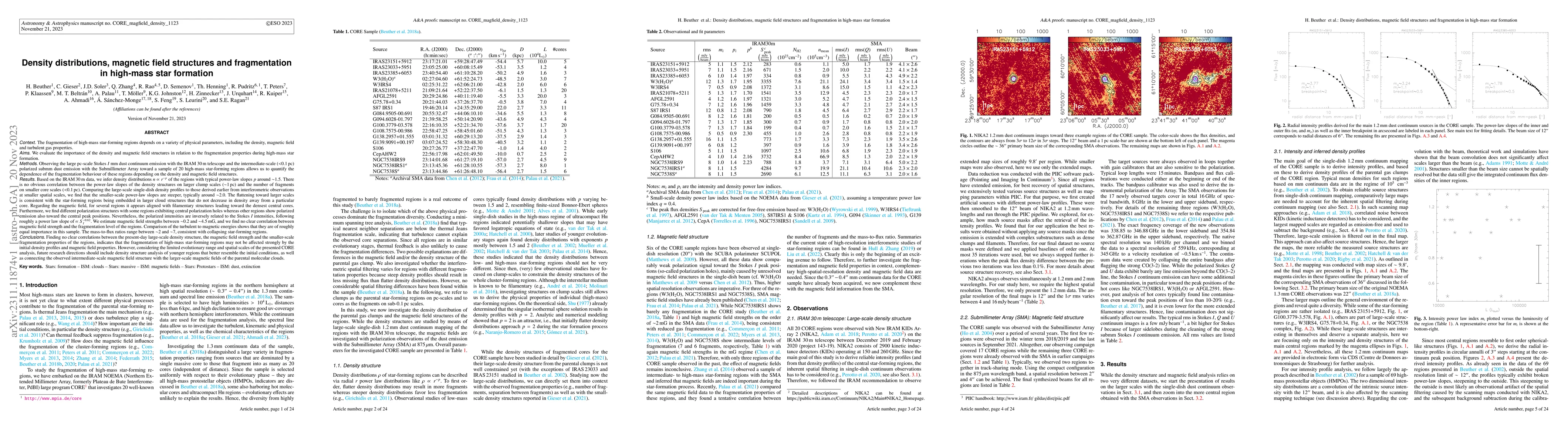 Thumbnail for Density distributions, magnetic field structures and fragmentation in
  high-mass star formation