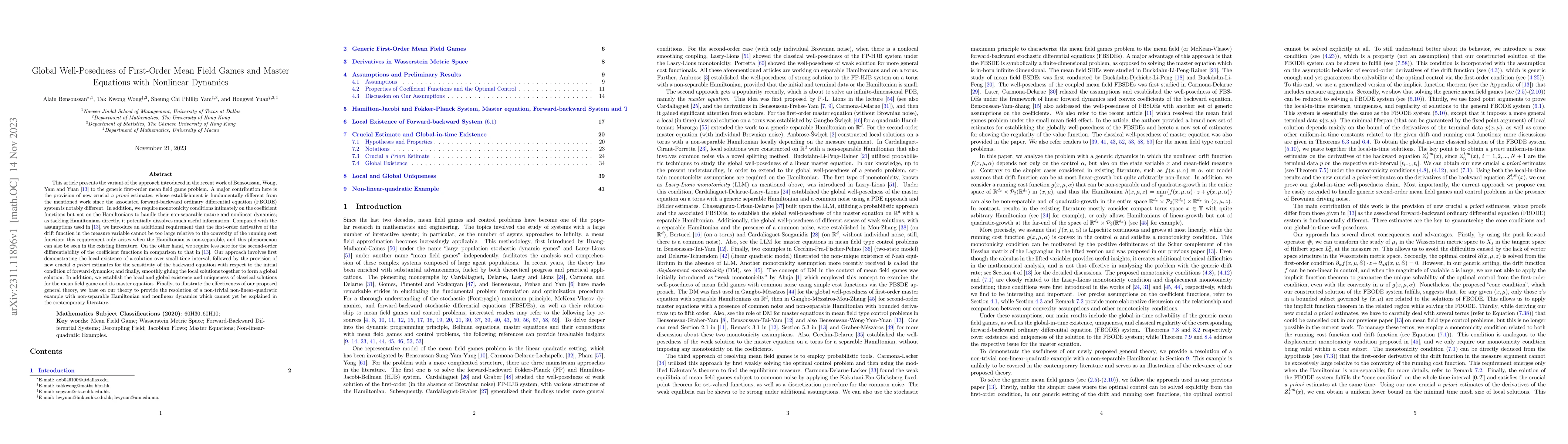 Thumbnail for Global Well-Posedness of First-Order Mean Field Games and Master
  Equations with Nonlinear Dynamics