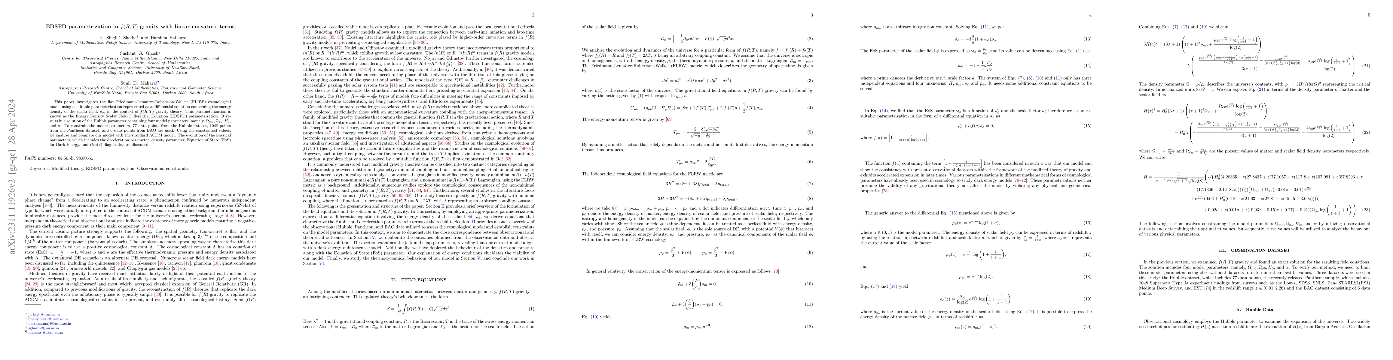 Thumbnail for EDSFD parametrization in $ f(R,T) $ gravity with linear curvature terms