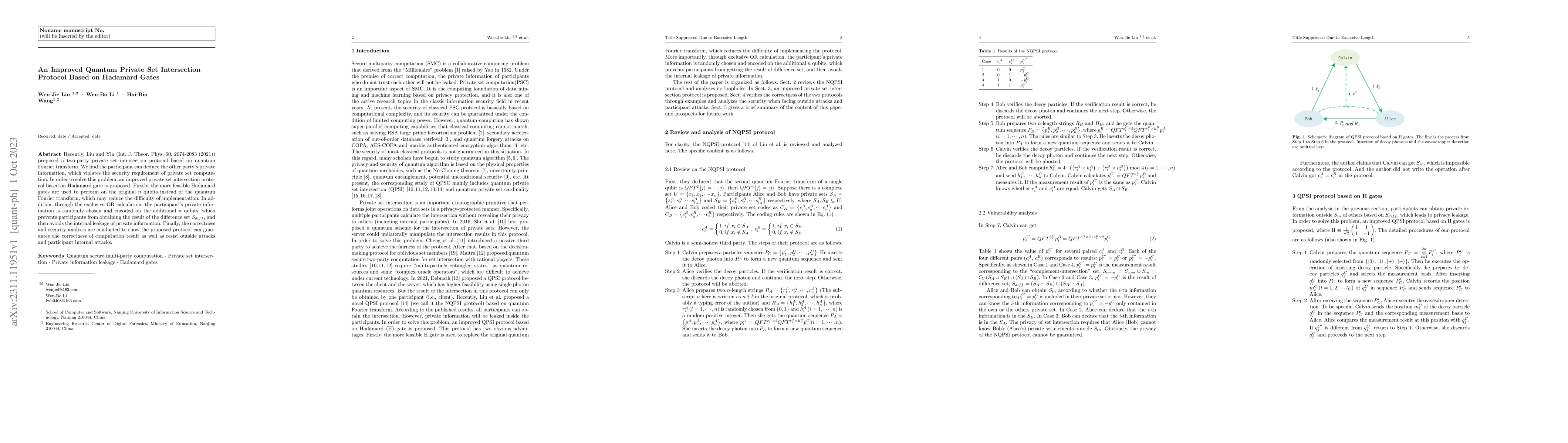 Thumbnail for An Improved Quantum Private Set Intersection Protocol Based on Hadamard
  Gates