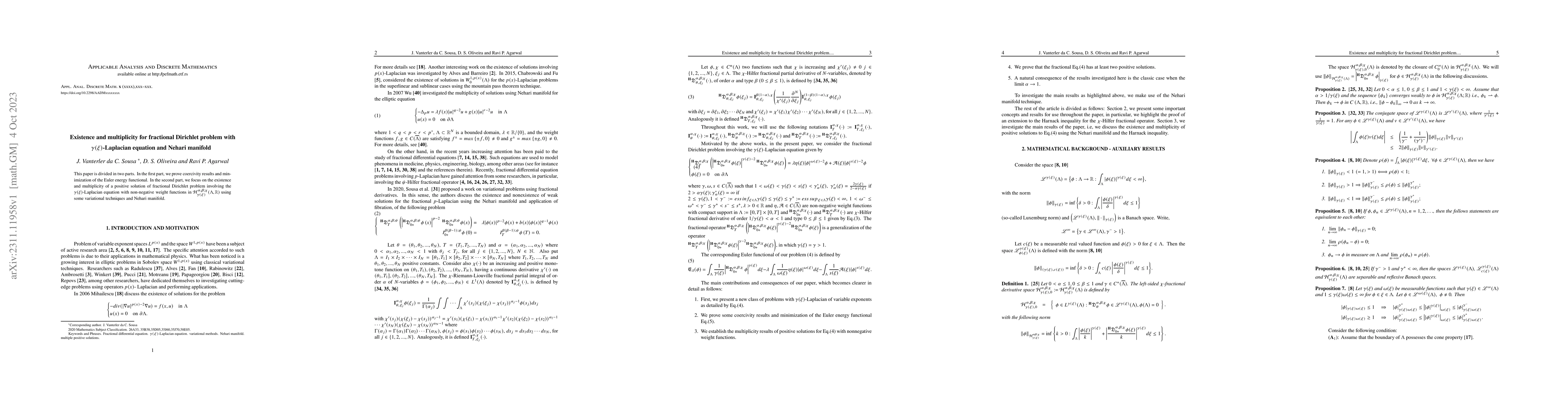 Thumbnail for Existence and multiplicity for fractional Dirichlet problem with
  $\gamma(\xi)$-Laplacian equation and Nehari manifold