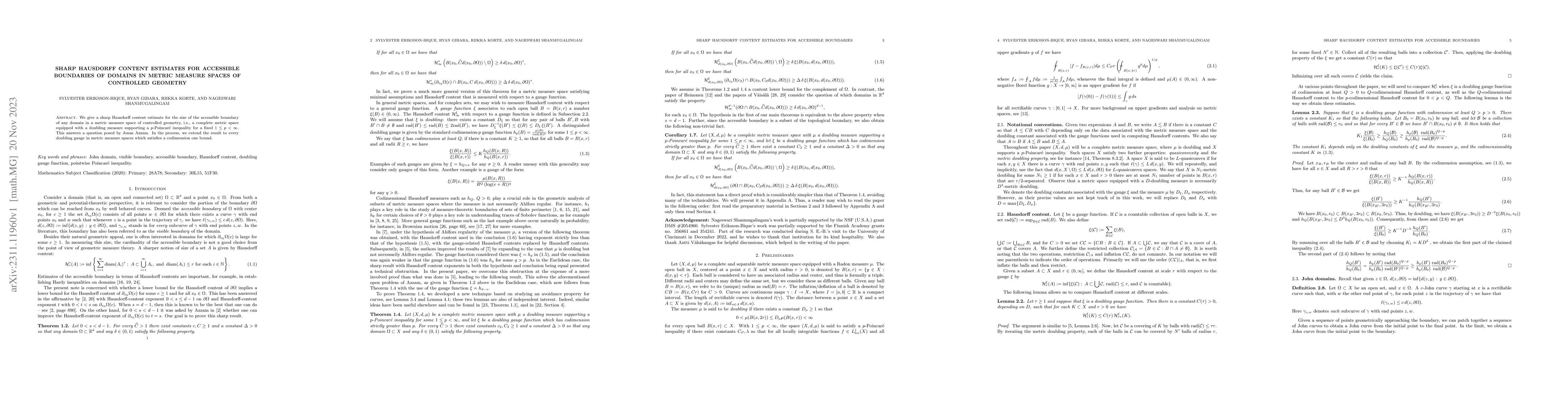 Thumbnail for Sharp Hausdorff content estimates for accessible boundaries of domains
  in metric measure spaces of controlled geometry