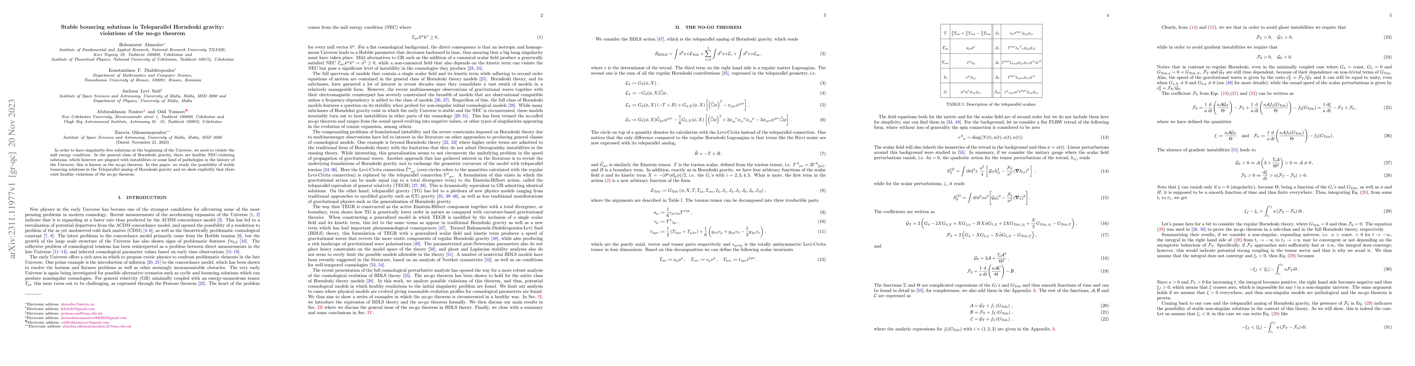 Thumbnail for Stable bouncing solutions in Teleparallel Horndeski gravity: violations
  of the no-go theorem