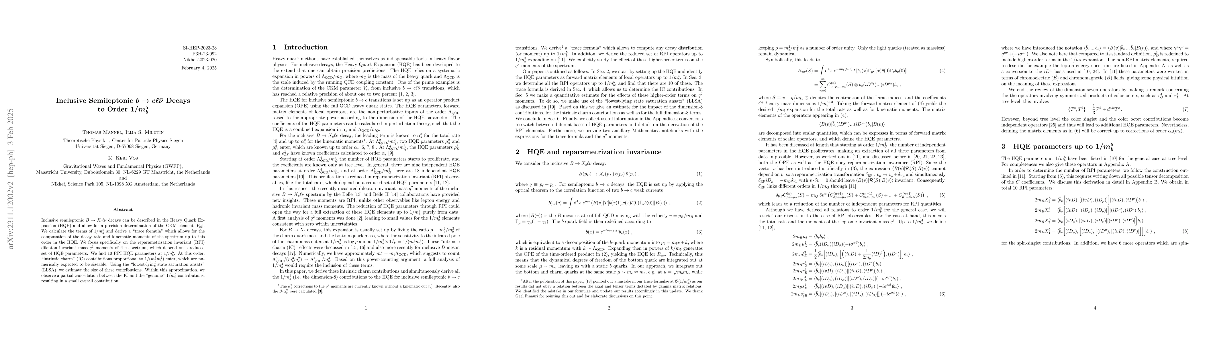 Thumbnail for Inclusive Semileptonic $b \to c \ell \bar{\nu}$ Decays to Order
  $1/m_b^5$