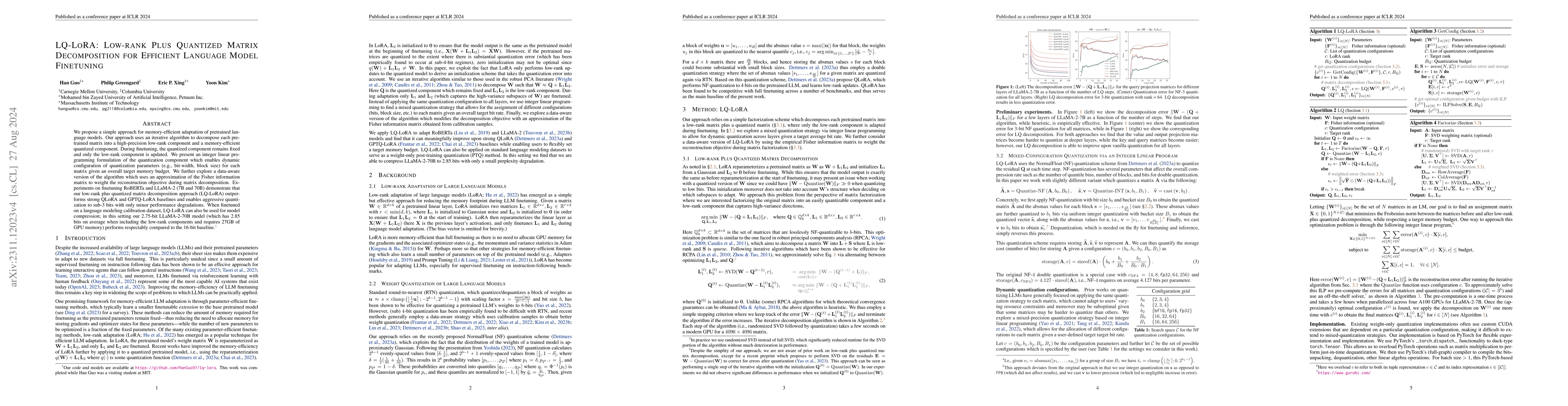 Thumbnail for LQ-LoRA: Low-rank Plus Quantized Matrix Decomposition for Efficient
  Language Model Finetuning