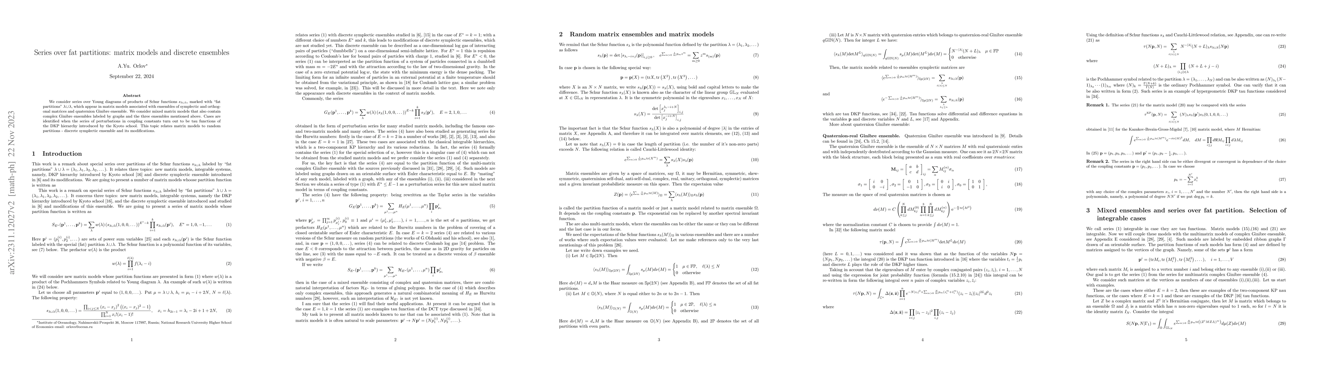 Thumbnail for Series over fat partitions: matrix models and discrete ensembles