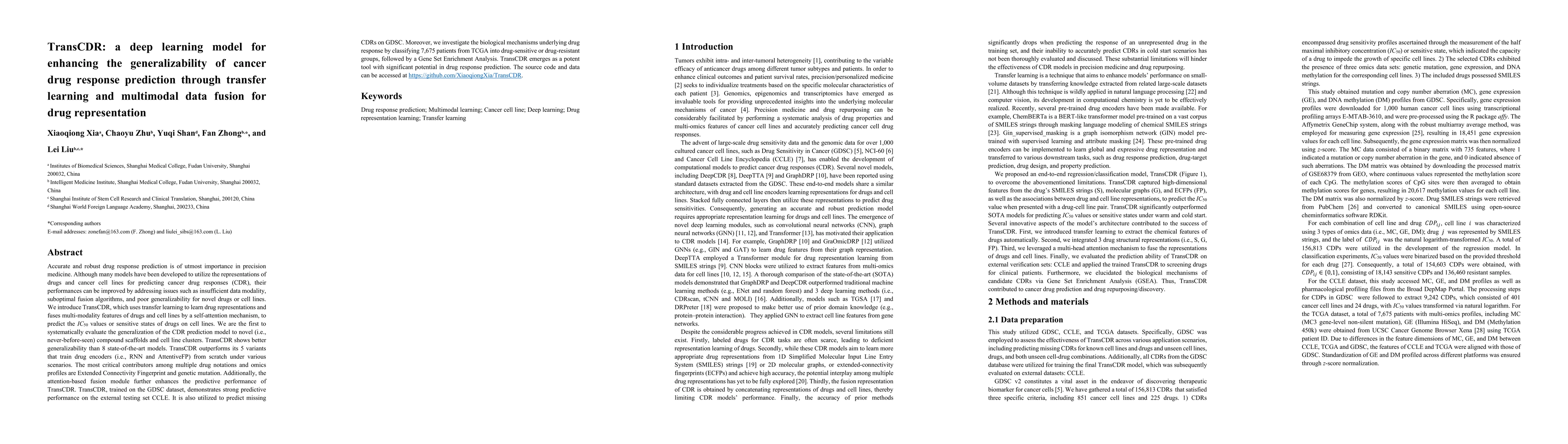 Thumbnail for TransCDR: a deep learning model for enhancing the generalizability of
  cancer drug response prediction through transfer learning and multimodal data
  fusion for drug representation