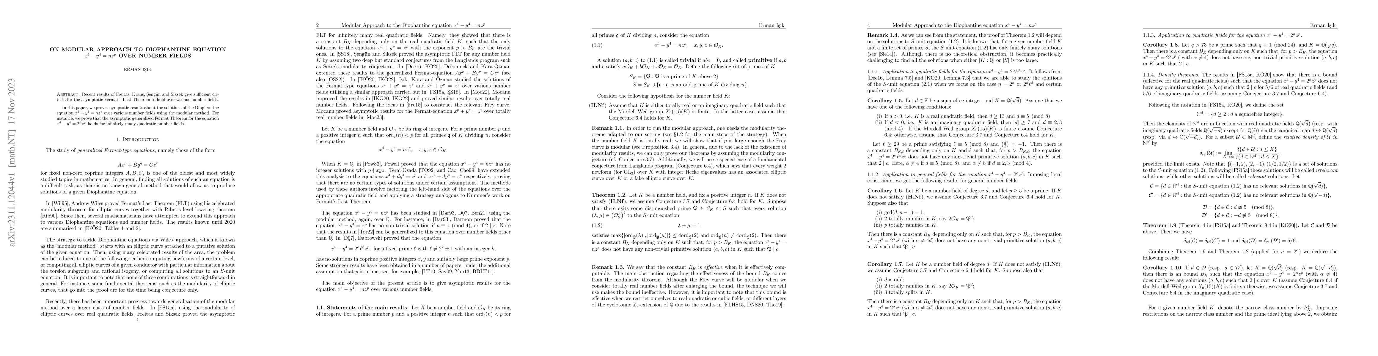 Thumbnail for On Modular Approach to Diophantine Equation $x^4-y^4=nz^p$ over Number
  Fields