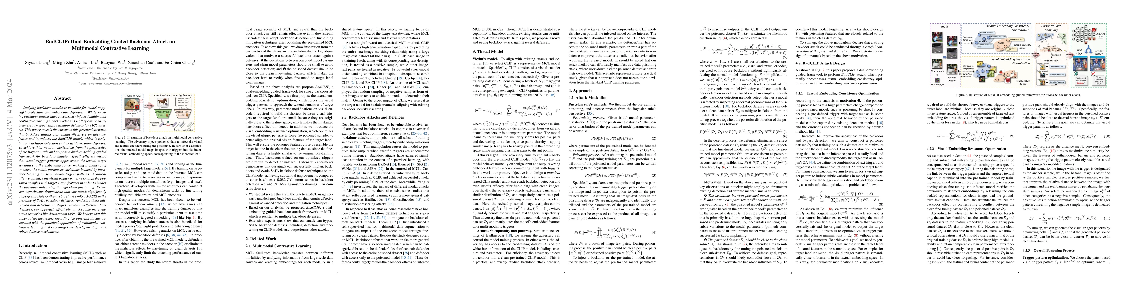 Thumbnail for BadCLIP: Dual-Embedding Guided Backdoor Attack on Multimodal Contrastive
  Learning