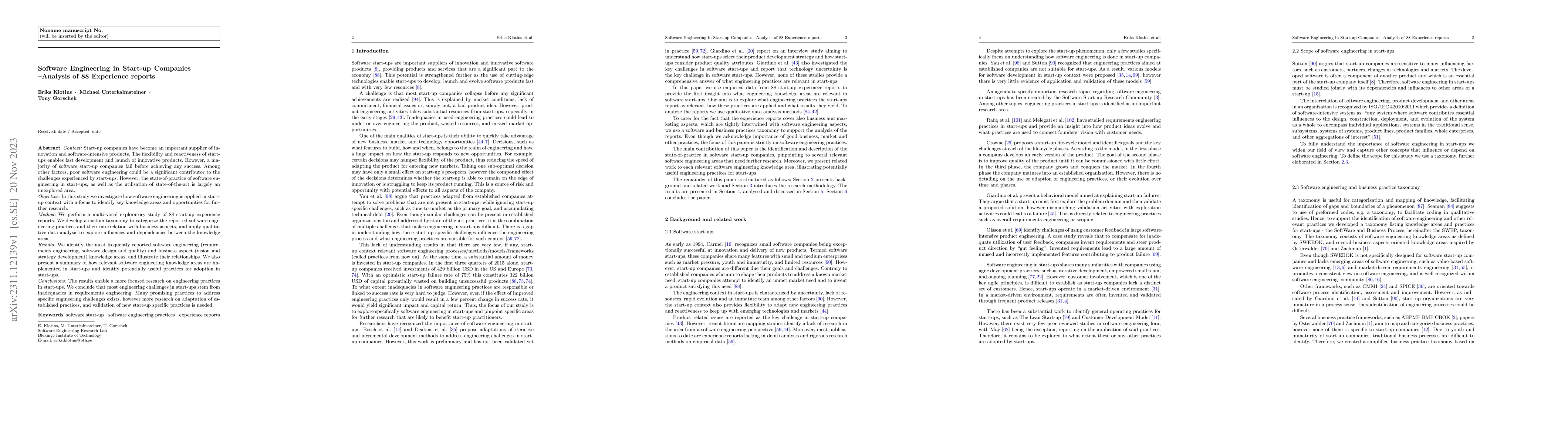 Thumbnail for Software engineering in start-up companies: An analysis of 88 experience
  reports