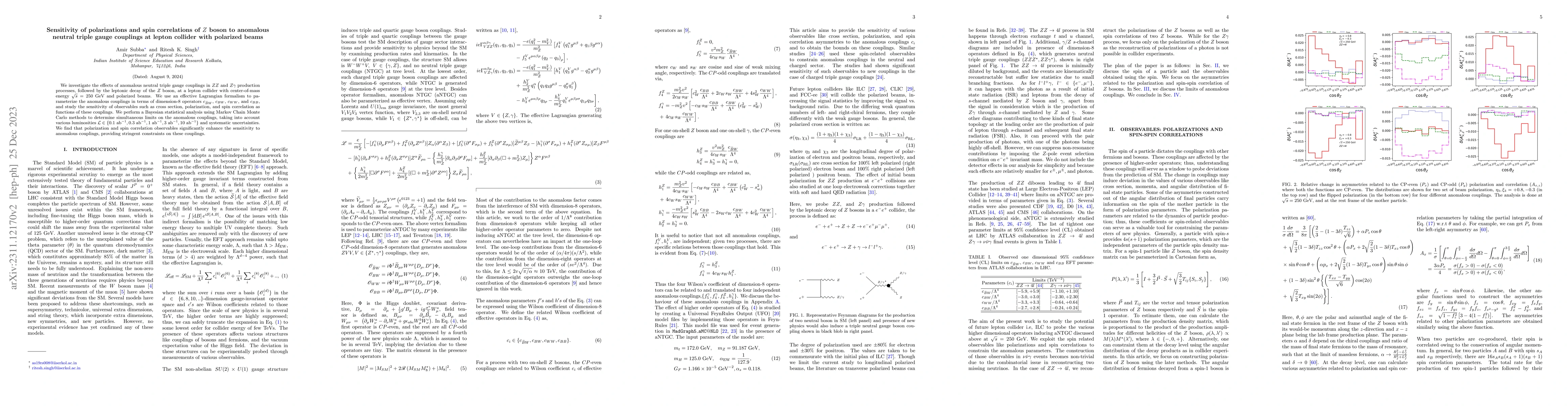 Thumbnail for Sensitivity of polarizations and spin correlations of Z boson to
  anomalous neutral triple gauge couplings at lepton collider with polarized
  beams