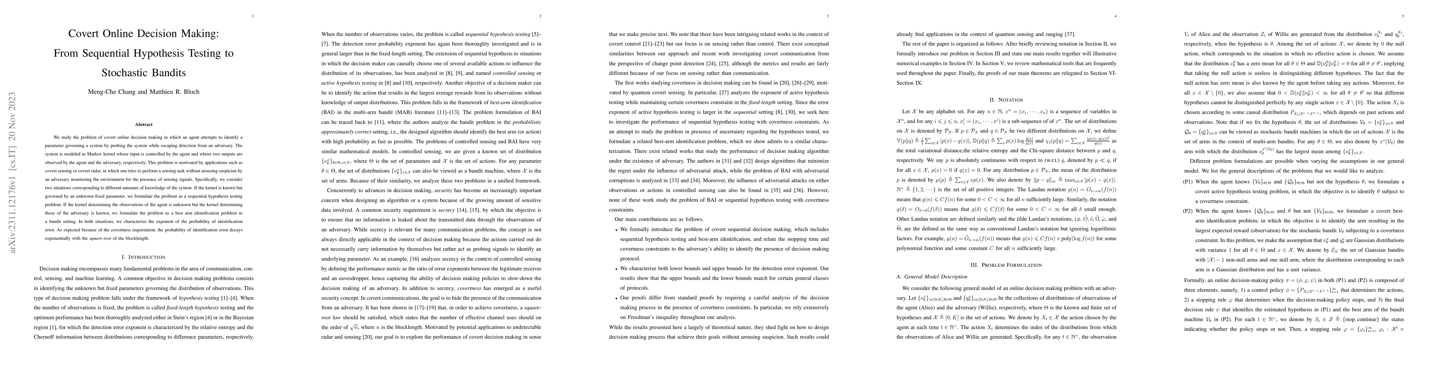 Thumbnail for Covert Online Decision Making: From Sequential Hypothesis Testing to
  Stochastic Bandits