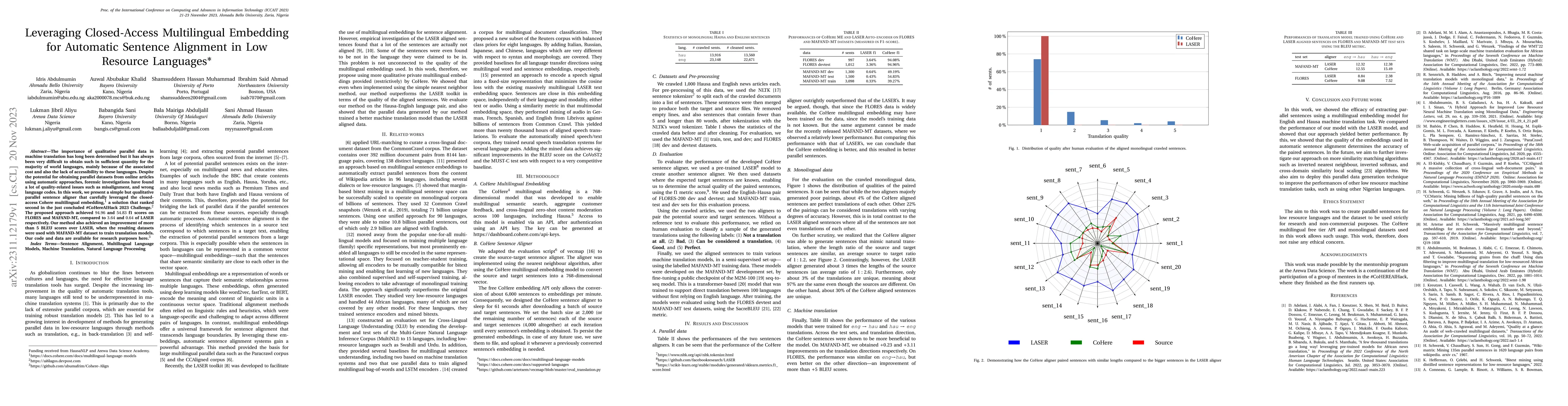 Thumbnail for Leveraging Closed-Access Multilingual Embedding for Automatic Sentence
  Alignment in Low Resource Languages