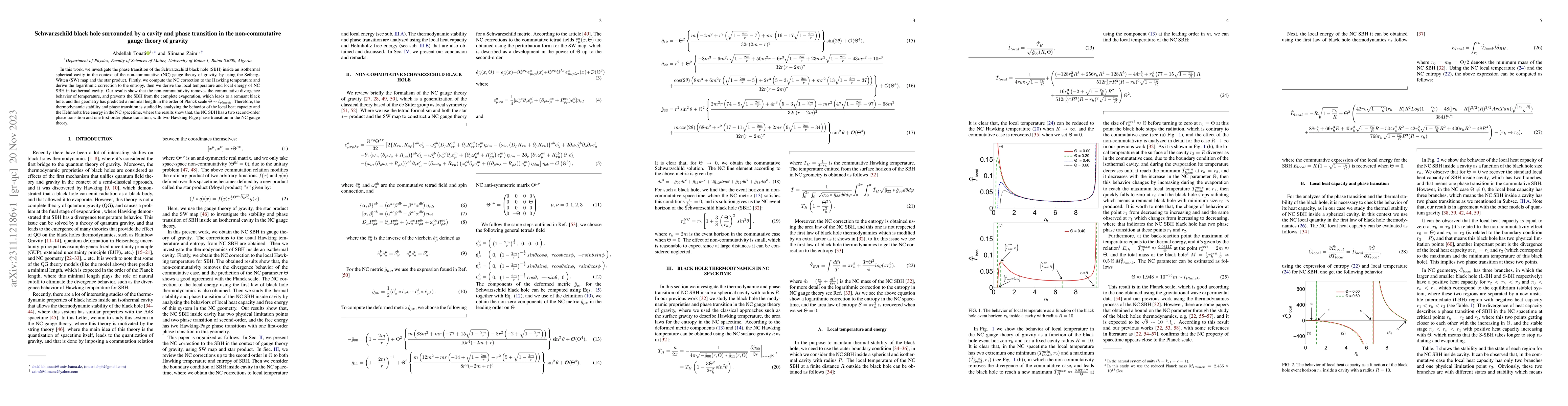 Thumbnail for Schwarzschild black hole surrounded by a cavity and phase transition in
  the non-commutative gauge theory of gravity