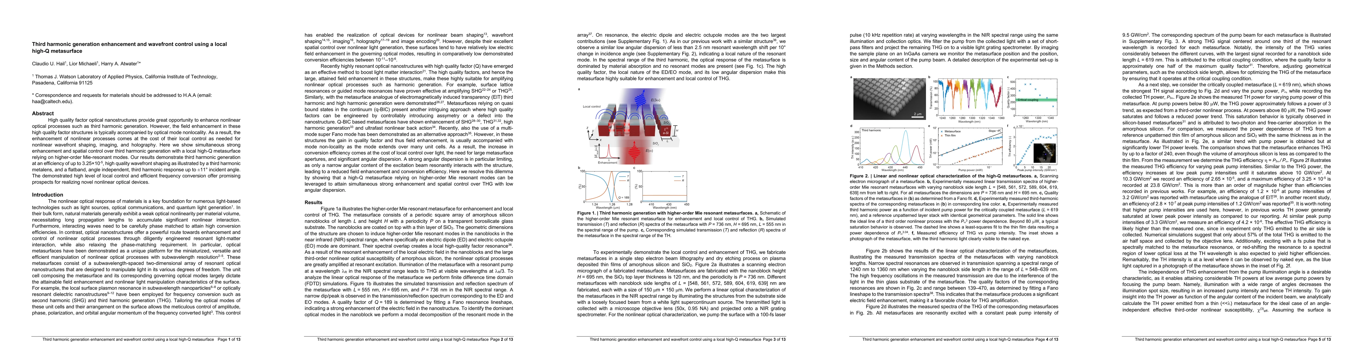 Thumbnail for Third harmonic generation enhancement and wavefront control using a
  local high-Q metasurface