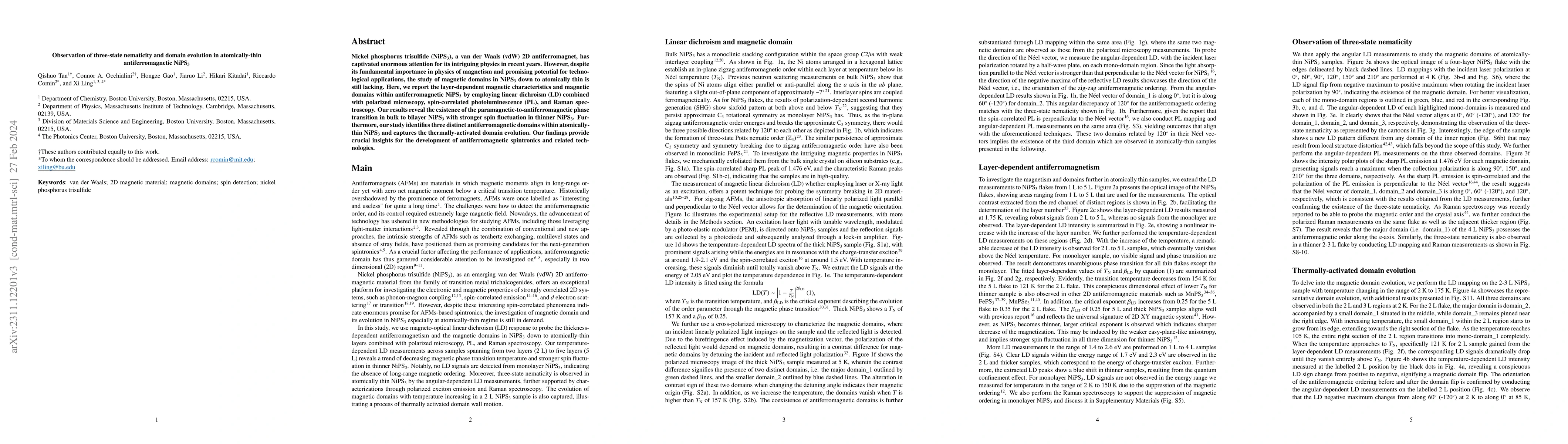 Thumbnail for Observation of three-state nematicity and domain evolution in
  atomically-thin antiferromagnetic NiPS3