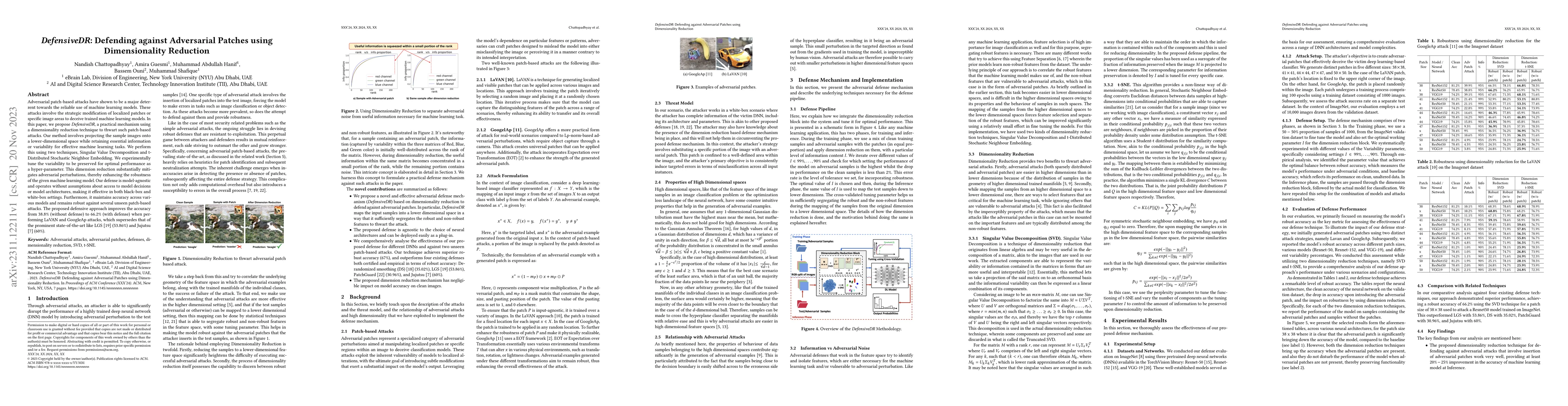 Thumbnail for DefensiveDR: Defending against Adversarial Patches using Dimensionality
  Reduction
