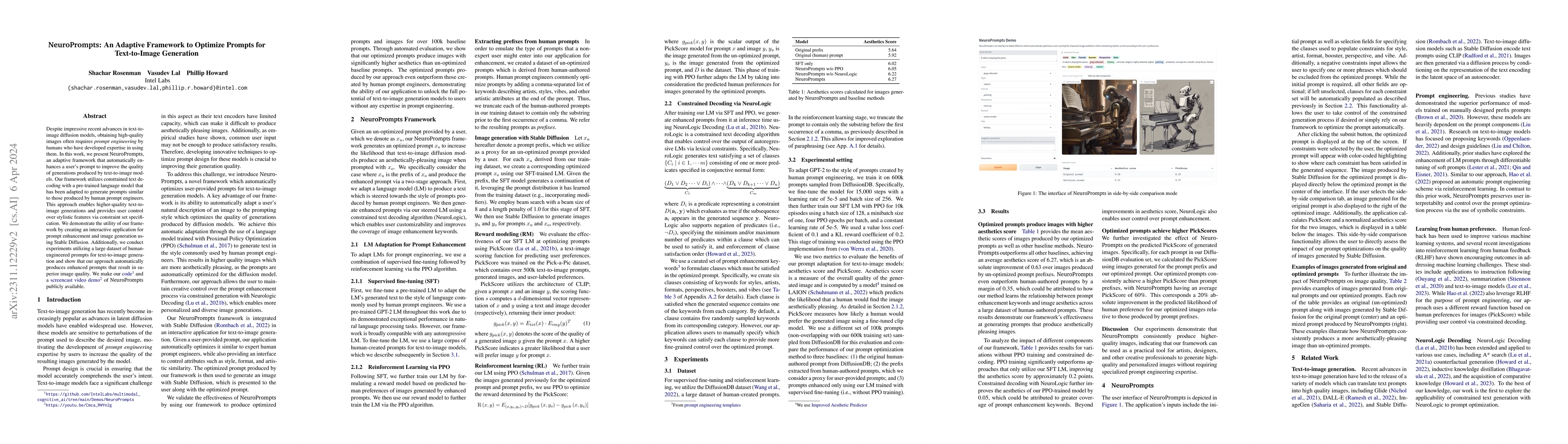 Thumbnail for NeuroPrompts: An Adaptive Framework to Optimize Prompts for
  Text-to-Image Generation