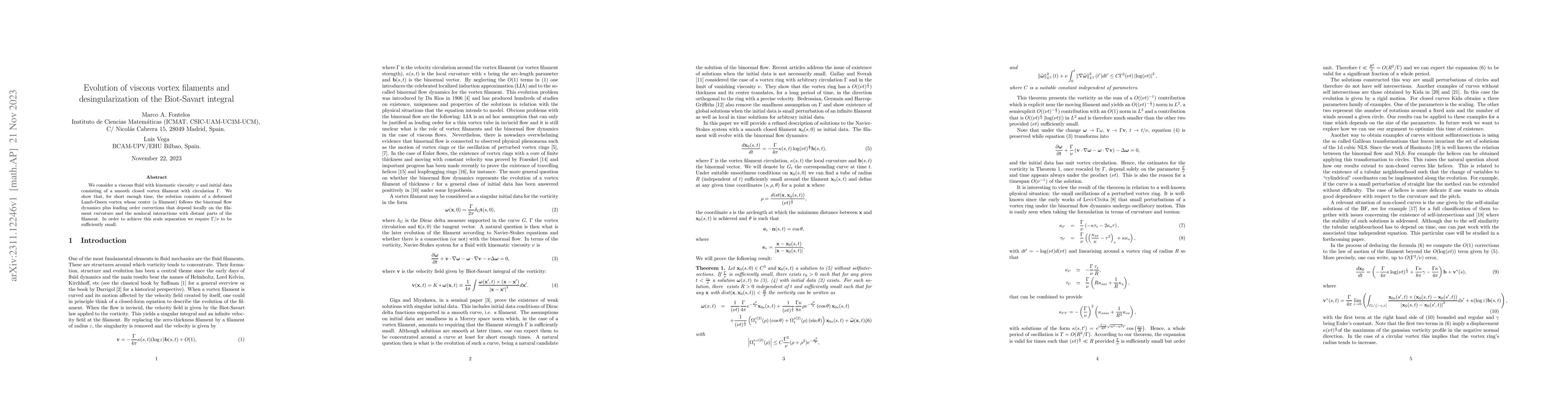 Thumbnail for Evolution of viscous vortex filaments and desingularization of the
  Biot-Savart integral