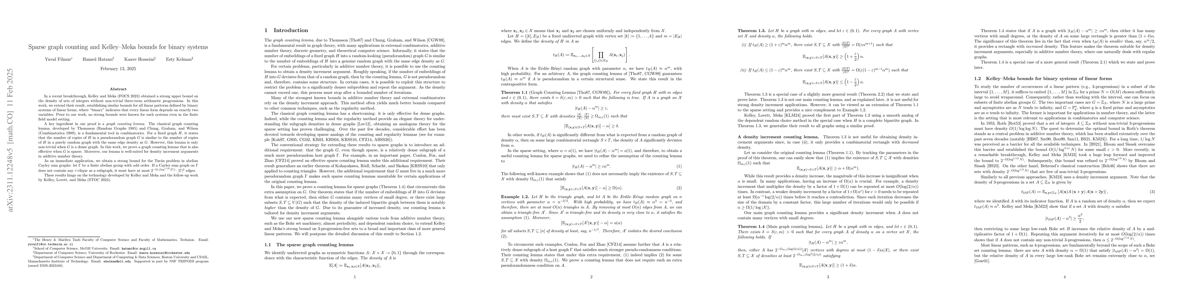 Thumbnail for Sparse graph counting and Kelley-Meka bounds for binary systems