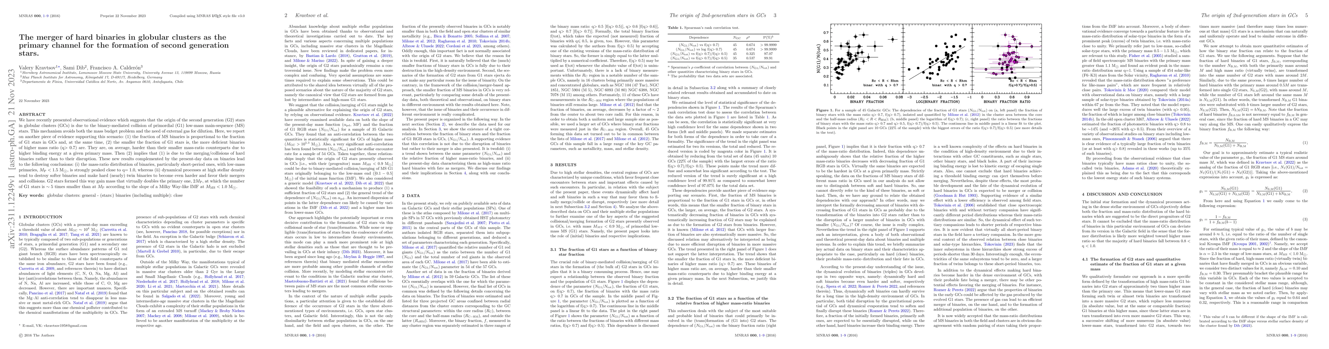 Thumbnail for The merger of hard binaries in globular clusters as the primary channel
  for the formation of second generation stars
