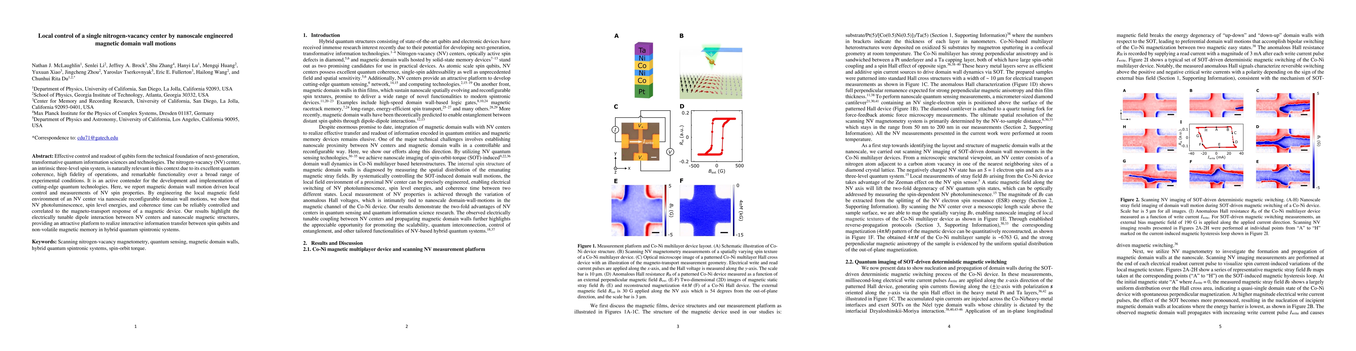 Thumbnail for Local control of a single nitrogen-vacancy center by nanoscale
  engineered magnetic domain wall motions