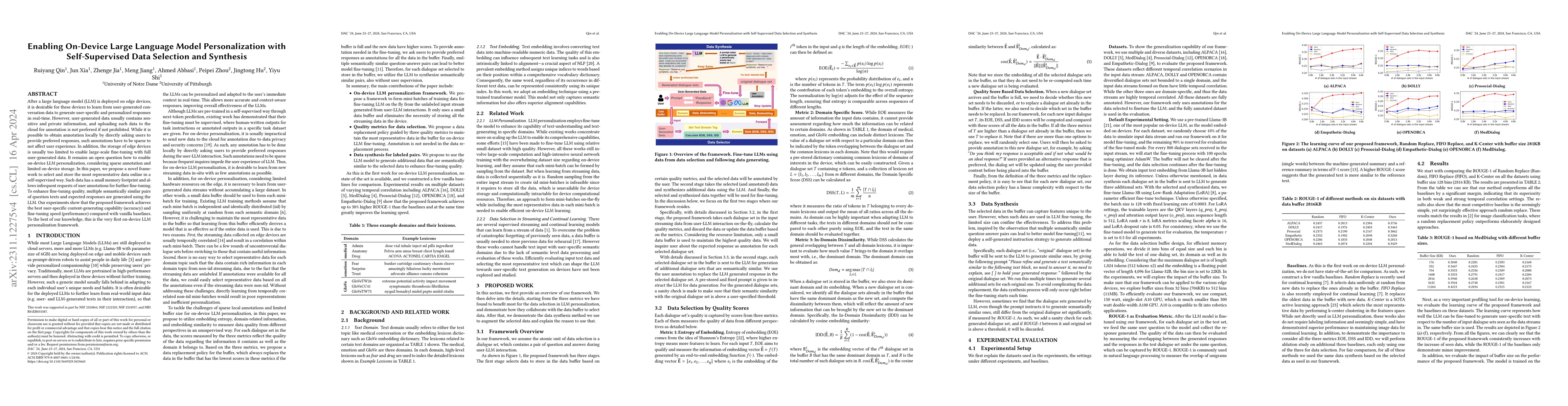 Thumbnail for Enabling On-Device Large Language Model Personalization with
  Self-Supervised Data Selection and Synthesis