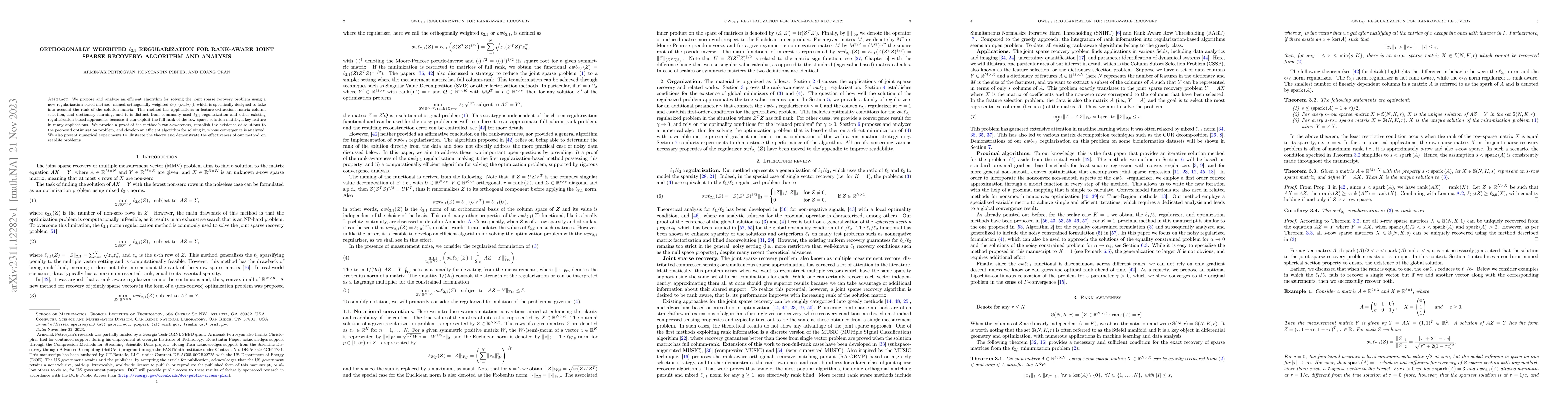 Thumbnail for Orthogonally weighted $\ell_{2,1}$ regularization for rank-aware joint
  sparse recovery: algorithm and analysis