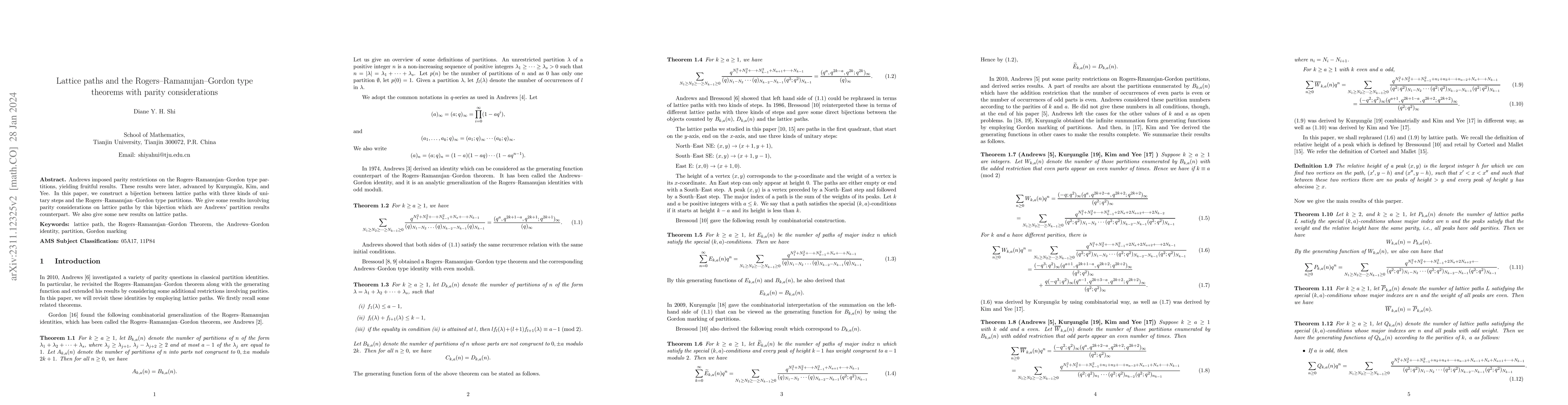 Thumbnail for Lattice paths and the Rogers--Ramanujan--Gordon type theorems with
  parity considerations