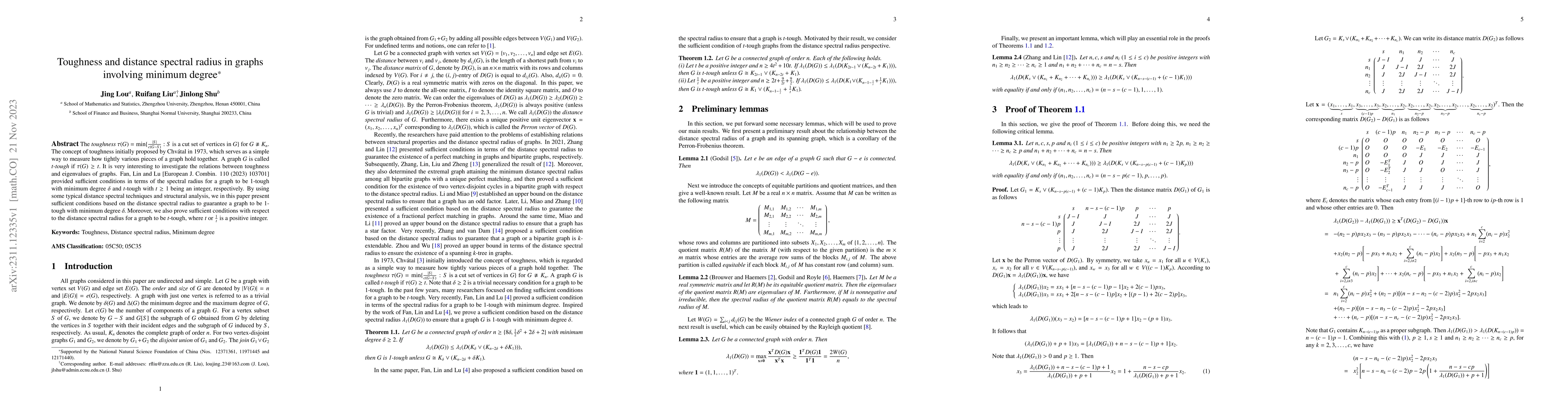 Thumbnail for Toughness and distance spectral radius in graphs involving minimum
  degree