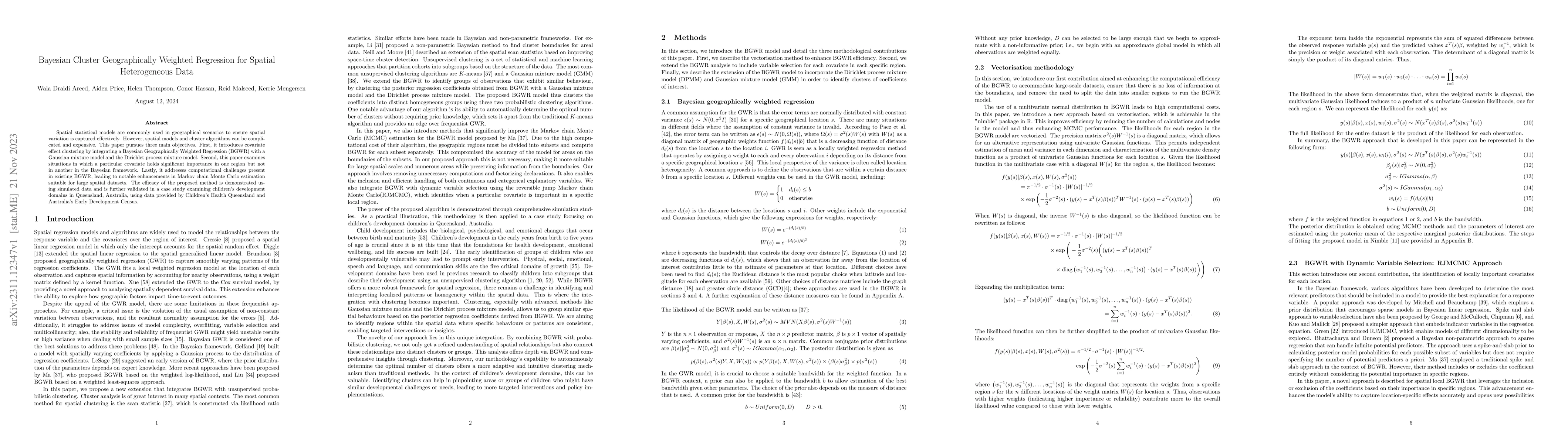 Thumbnail for Bayesian Cluster Geographically Weighted Regression for Spatial
  Heterogeneous Data
