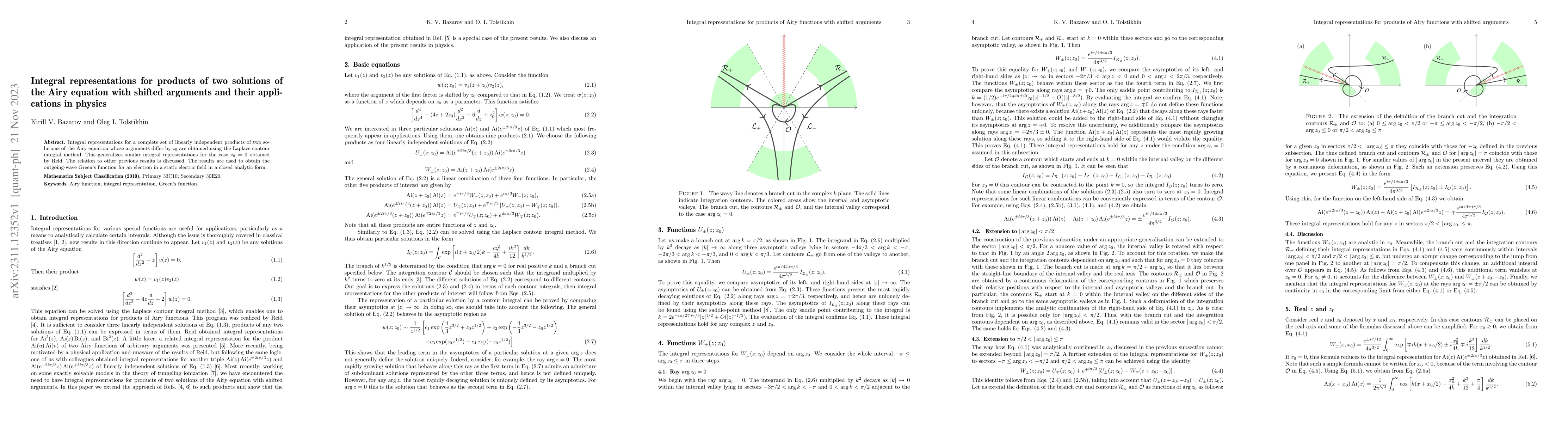 Thumbnail for Integral representations for products of two solutions of the Airy
  equation with shifted arguments and their applications in physics