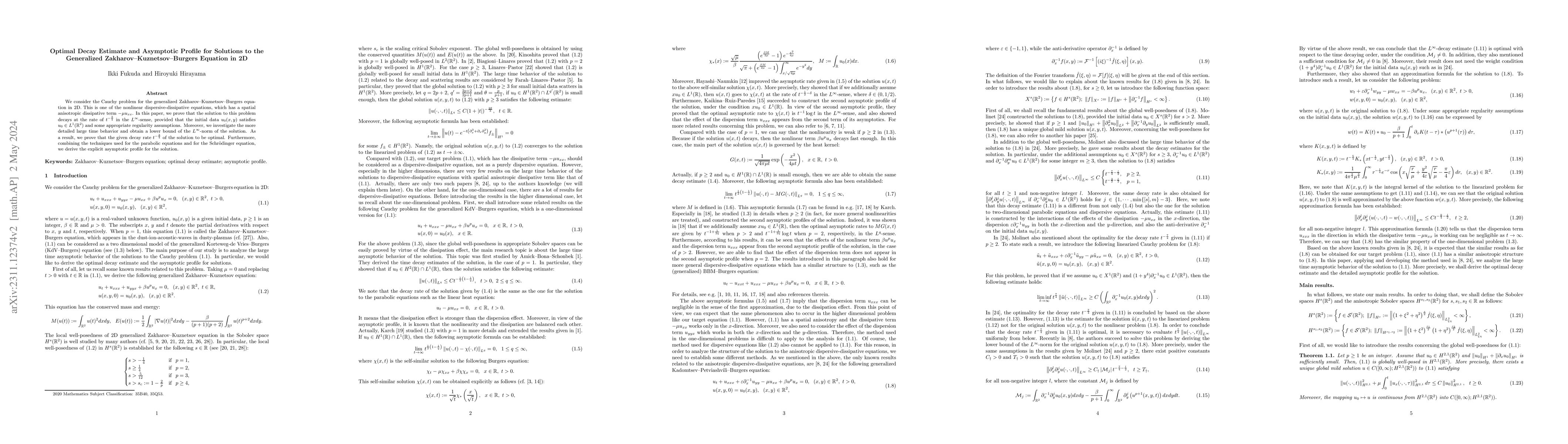 Thumbnail for Optimal Decay Estimate and Asymptotic Profile for Solutions to the
  Generalized Zakharov-Kuznetsov-Burgers Equation in 2D
