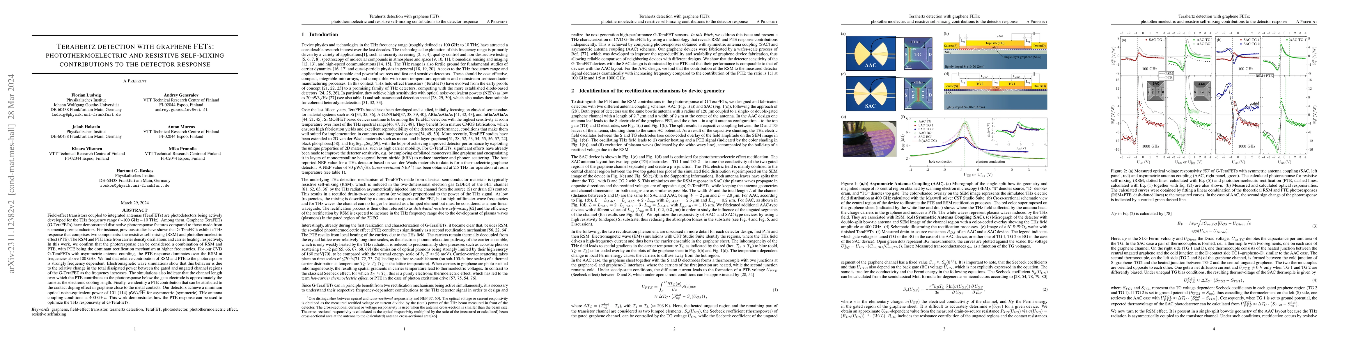 Thumbnail for Terahertz detection with graphene FETs: photothermoelectric and
  resistive self-mixing contributions to the detector response