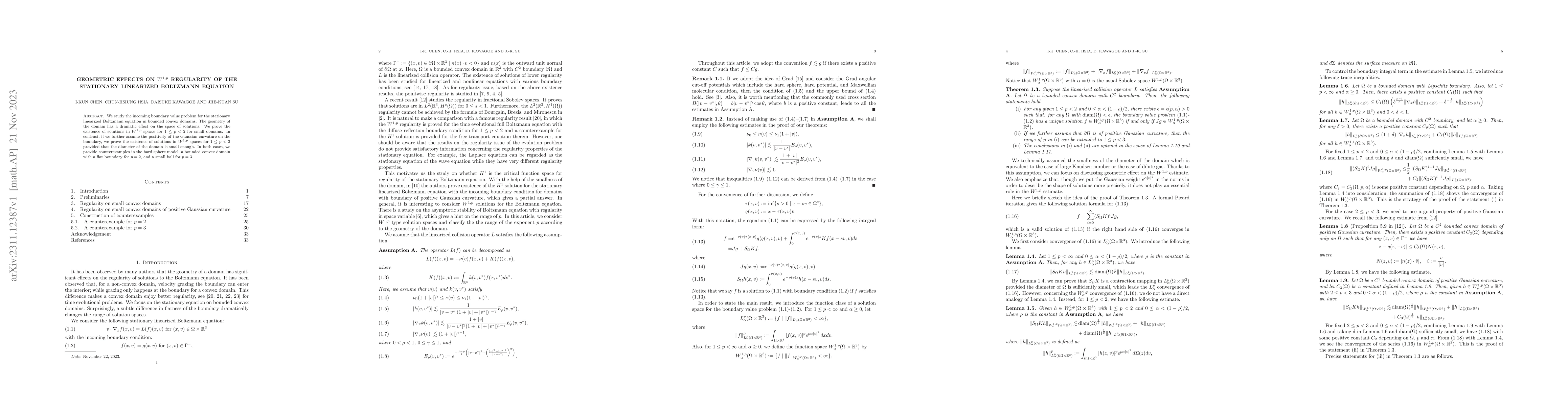 Thumbnail for Geometric effects on $W^{1, p}$ regularity of the stationary linearized
  Boltzmann equation