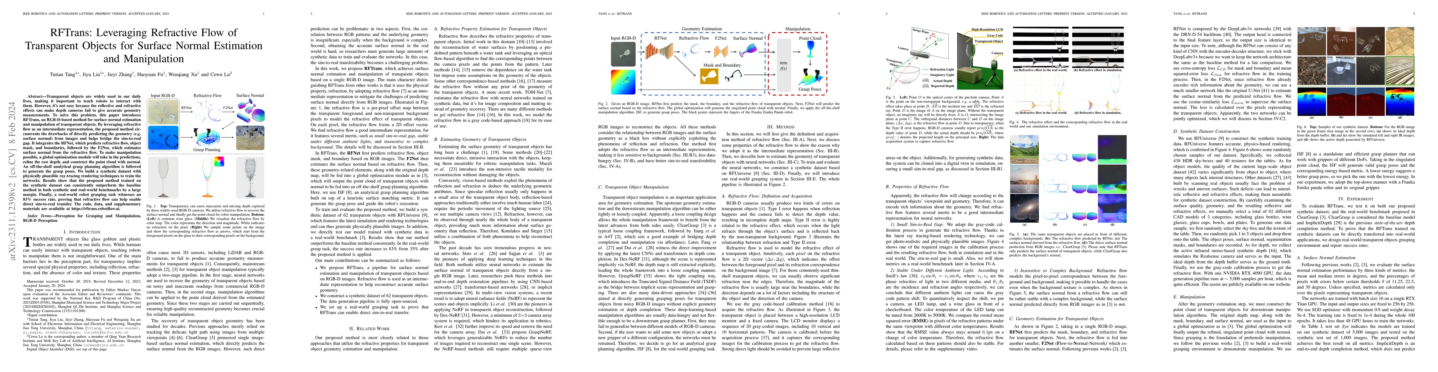 Thumbnail for RFTrans: Leveraging Refractive Flow of Transparent Objects for Surface
  Normal Estimation and Manipulation