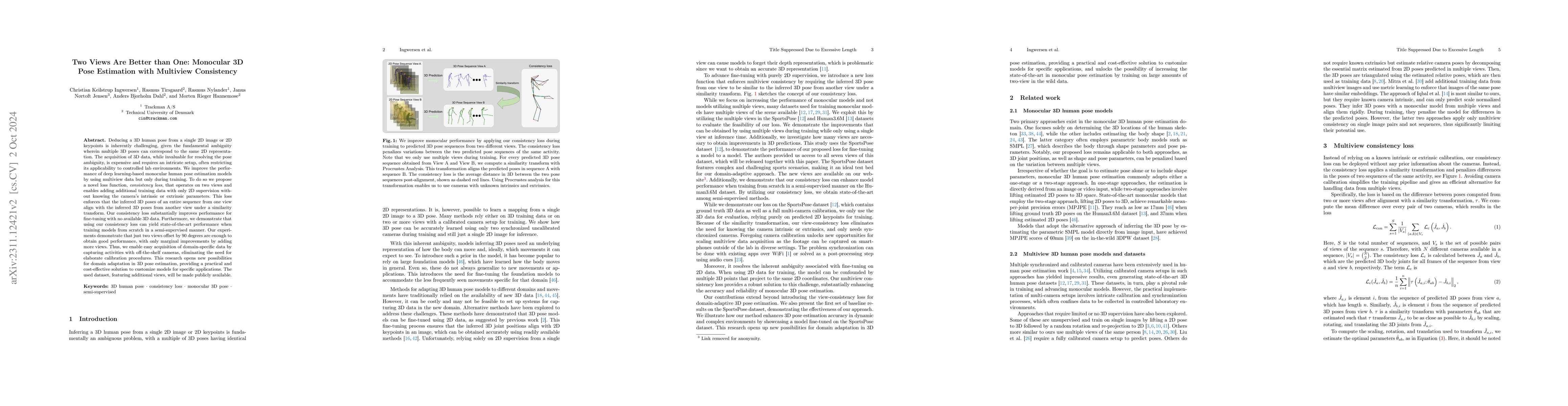 Thumbnail for Two Views Are Better than One: Monocular 3D Pose Estimation with
  Multiview Consistency