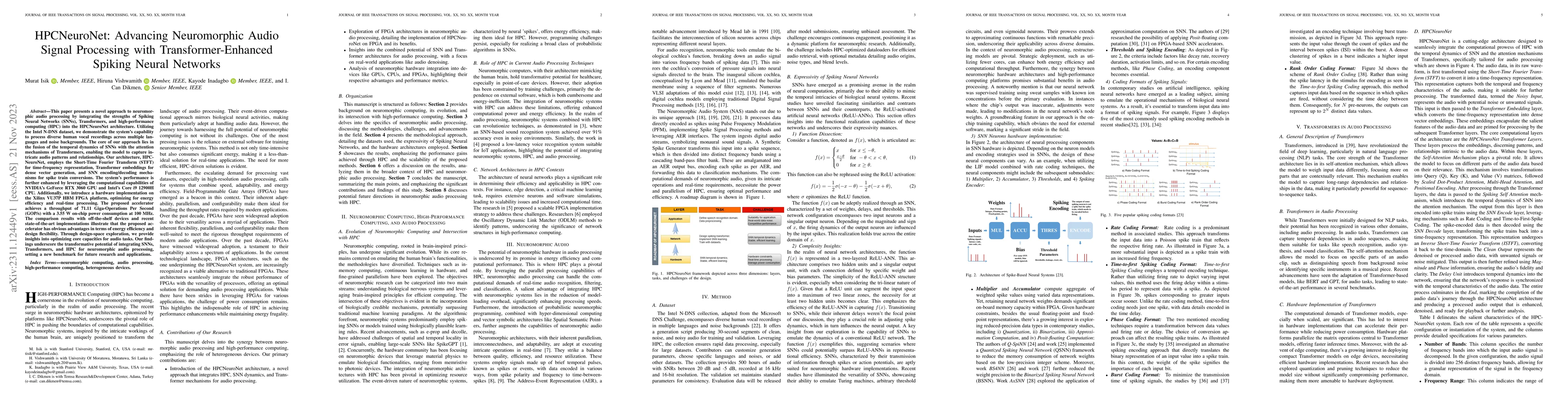 Thumbnail for HPCNeuroNet: Advancing Neuromorphic Audio Signal Processing with
  Transformer-Enhanced Spiking Neural Networks