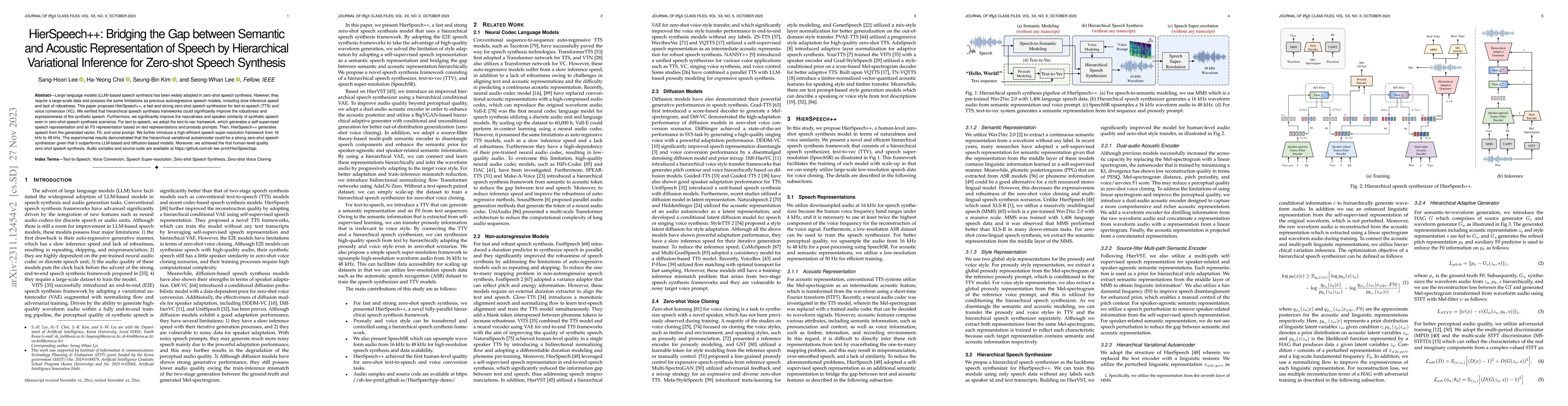 Thumbnail for HierSpeech++: Bridging the Gap between Semantic and Acoustic
  Representation of Speech by Hierarchical Variational Inference for Zero-shot
  Speech Synthesis