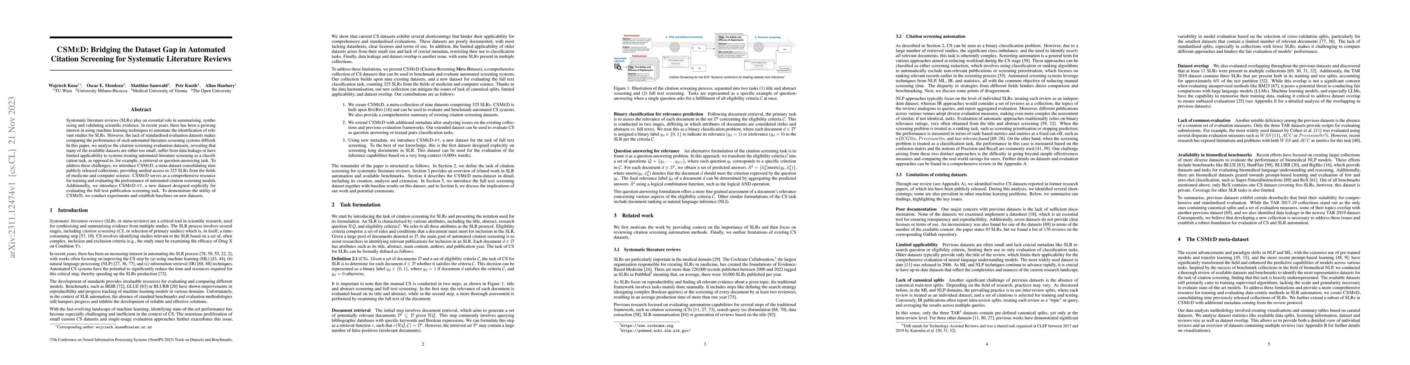 Thumbnail for CSMeD: Bridging the Dataset Gap in Automated Citation Screening for
  Systematic Literature Reviews