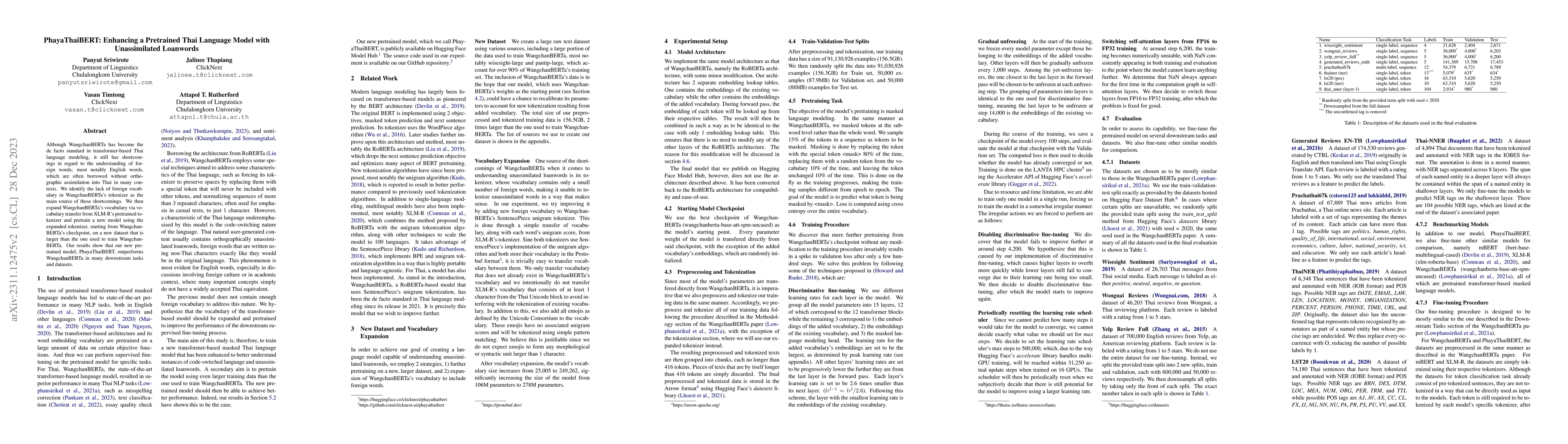 Thumbnail for PhayaThaiBERT: Enhancing a Pretrained Thai Language Model with
  Unassimilated Loanwords
